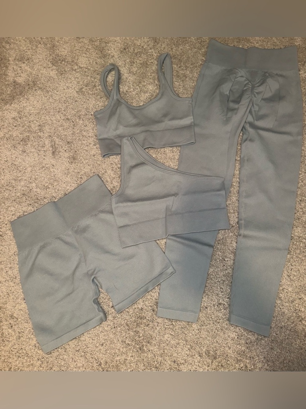 Ribbed Activewear 4 Piece Set in Dusty Blue - two tops, Shorts, Leggings - small